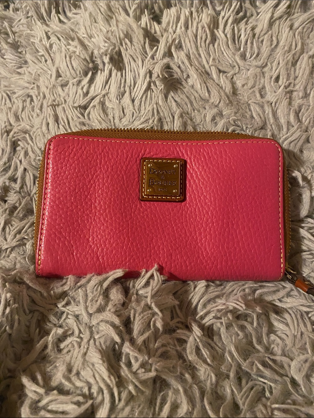 Dooney & Bourke Hot Pink Pebbled Leather Zip Wallet with Tan Trim